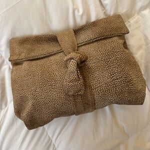 Borbonese Suede Clutch Knot Tie Front Magnet Closure Chic Tan Eye of Partridge